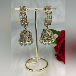 Elegant Mint Gold Jhumka Earrings